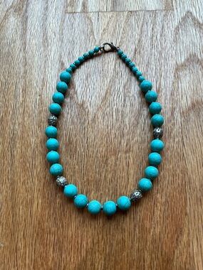 Turquoise Bead Necklace with Silver Accents - Women Jewelry